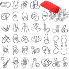 Yilloog Metal Brain Teaser Puzzles Set of 36 with Pouch, 36 Pieces, Silver