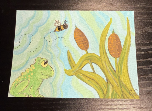 ACEO Original hand Painting, frog, bumblebee and cat tails , by Kookeyartzllc