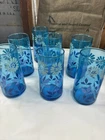 Vintage Anchor Hocking Misty Blue Daisy Embossed Glass Tumbler Set Of 7