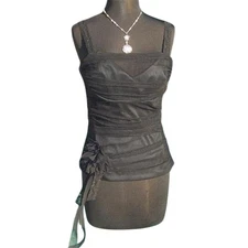 Cache Black Mesh Satin Bustier Top Rhinestone Kissed Lace Peek A Boo $128 NWT