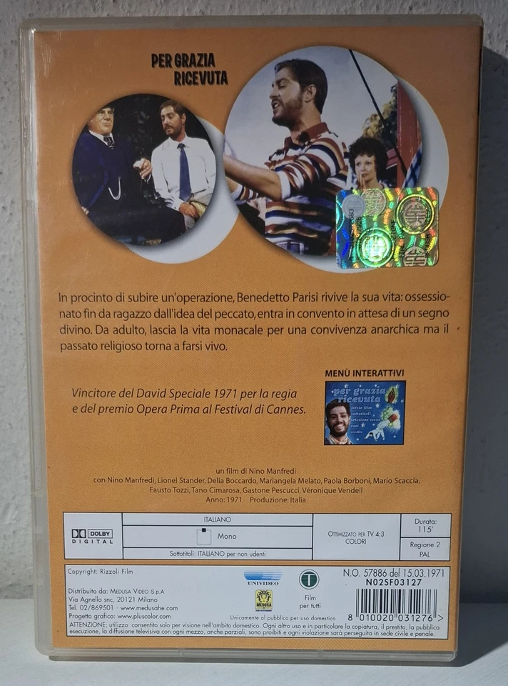 PER GRAZIA RICEVUTA di Nino Manfredi (1971) DVD Medusa come nuovo con libretto - Immagine 2 di 4