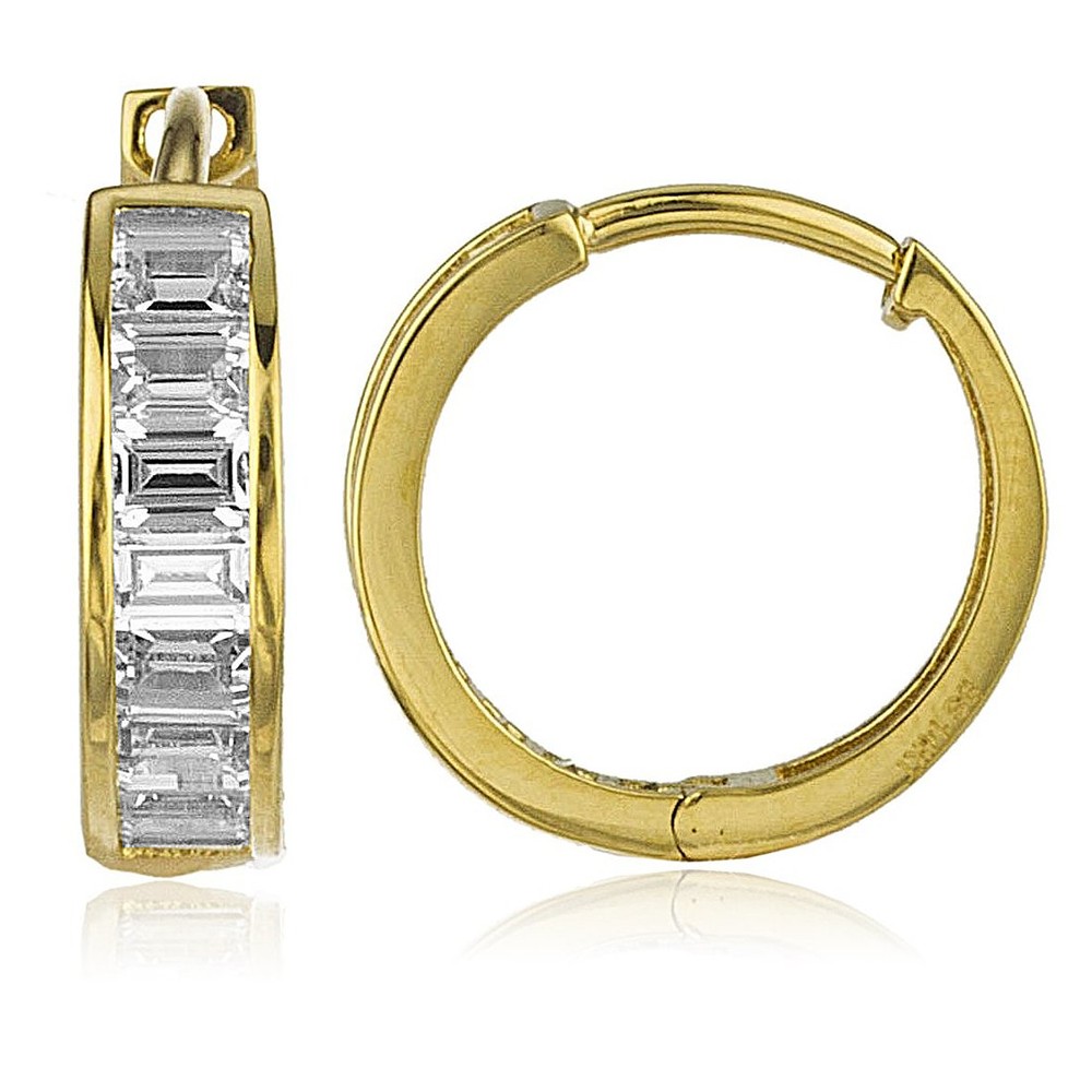 Genuine 14k Yellow Gold 4mm Wide Baguette CZ Hinged Hoop Earrings-15mm Diameter