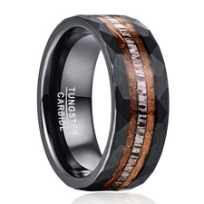 8mm Tungsten Ring for Men, Black Inlaid Whisky Barrel Wood Antler Hammered Tu...