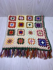 Handmade Crochet Granny Square Sofa Throw Blanket Multicolor Boho Fringe 49x57  