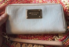 Vintage Michael Kors White Signature Patent Leather Gold Accents Wristlet Wallet