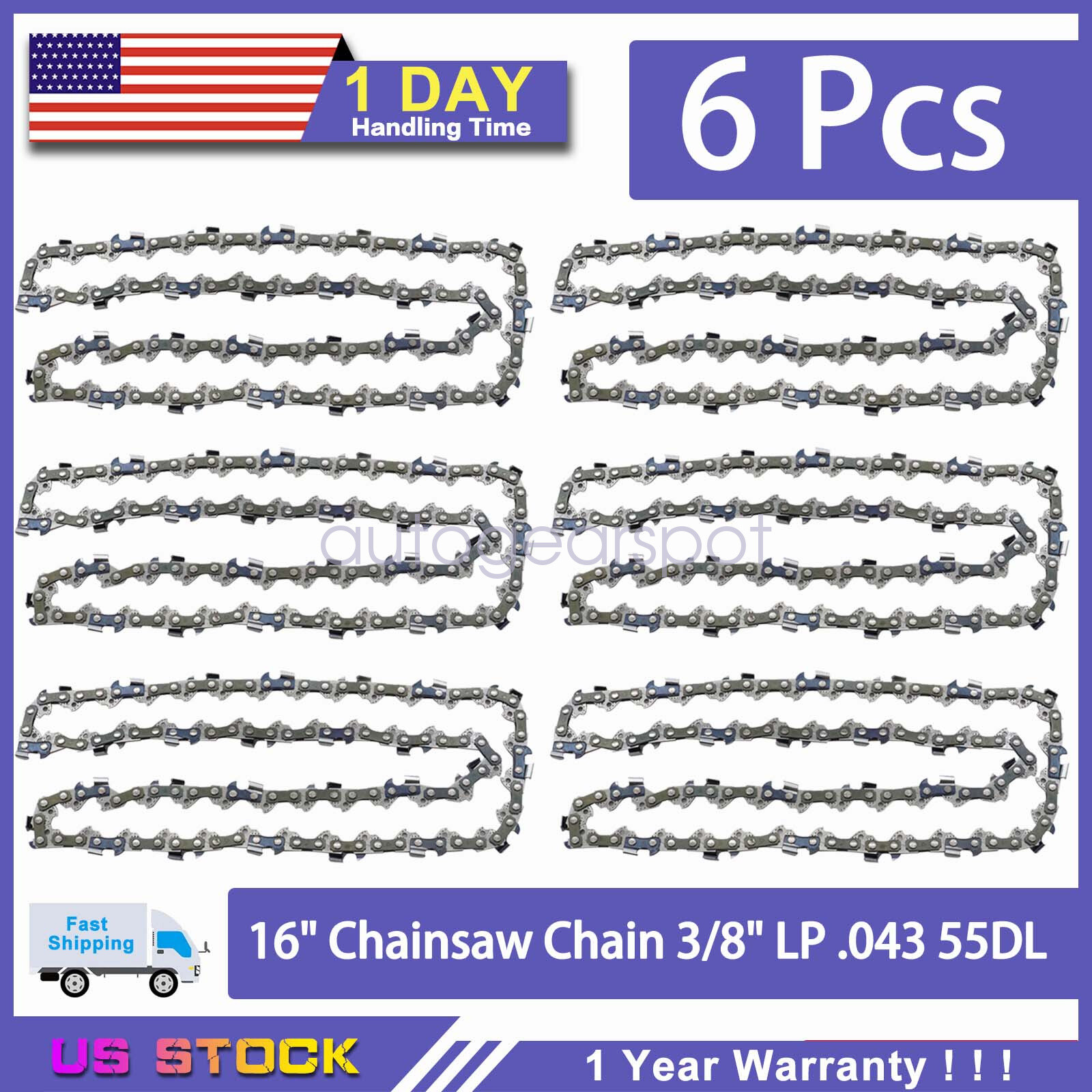 6 Pack Stihl MS170 MS180 017 019 023 Chainsaw Chains 16 Inch .043 3/8 LP 55DL