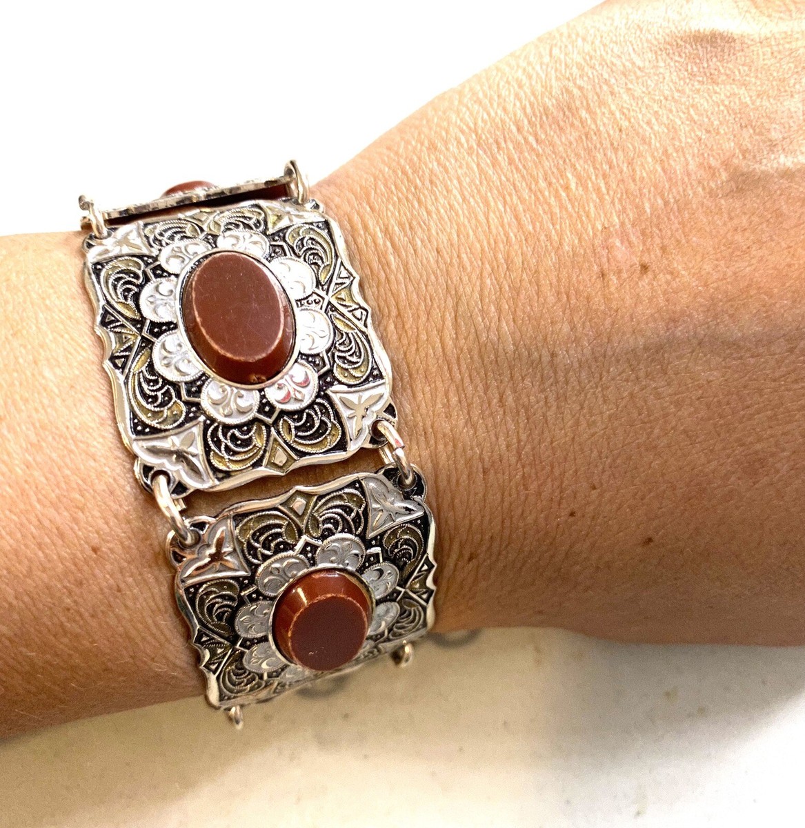 3.100 Vintage bracelet, silver tone, Damascus, acrylic cabochons