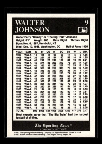 1991 The Sporting News Conlon Collection #9 Walter Johnson HOF (NM)(BAS) - Picture 2 of 2