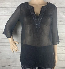 I.N. Studio Petite Blouse Small PS Sheer Black Beaded Neckline 3/4 Sleeve Shirt