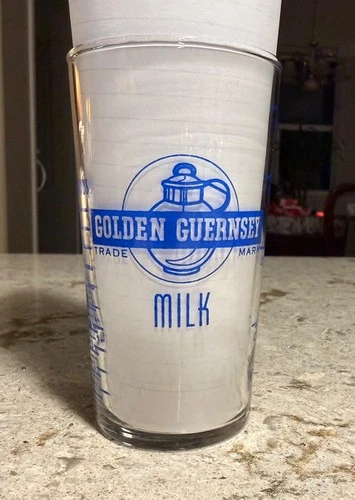 Golden Guernsey Dairy Milk Vintage Advertising Measuring Glass Tumbler in Blue