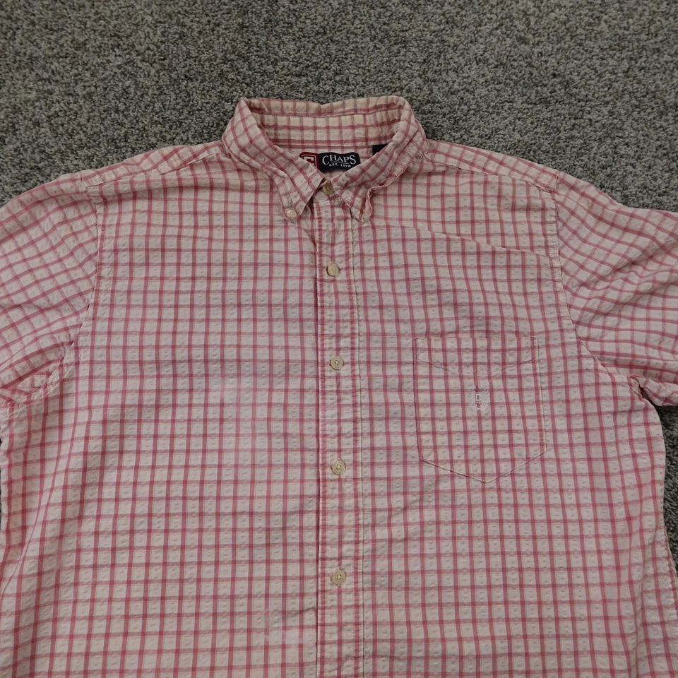 Chaps Shirt Mens L Pink White Seersucker Crest Button Up Casual Short Sleeve - Image 2 of 4
