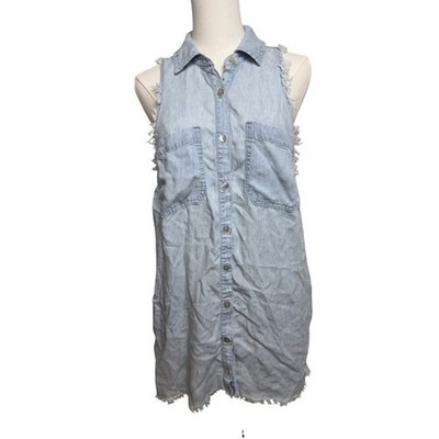 Show Me Your Mumu Vicki Shirt Dress Small Light Wash Lyocell Linen Frayed Mini