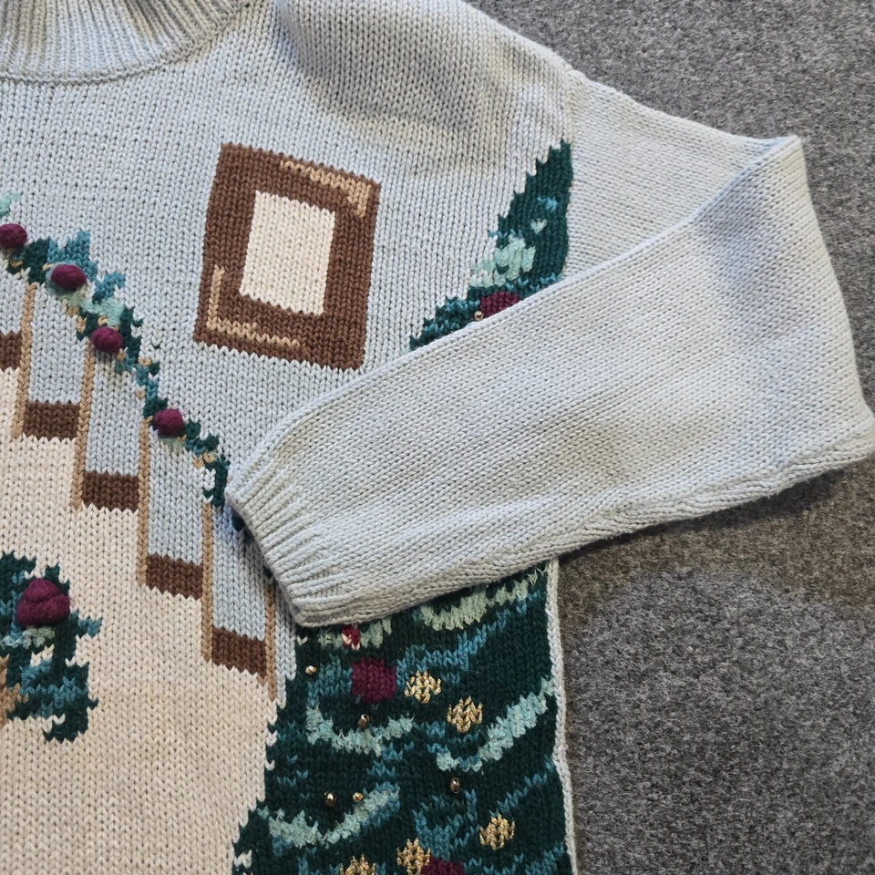 Suéter Karen Scott Mujer Talla Mediana Azul Árbol de Navidad Vacaciones Gato Años 80 Feo Foto 4 de 4