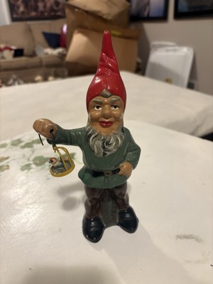 Vintage Heissner Gnome Figurine. Ceramic Gnome Holding Lantern, Pointed Red Hat