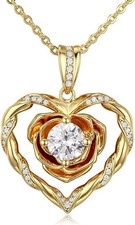 18K Gold Plated over Sterling Silver Rose Heart Necklace  Cubic Zirconia Center