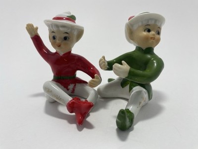 Vintage Pixie Elf Elves 2 Japan Christmas Candle Huggers Red Green Porcelain