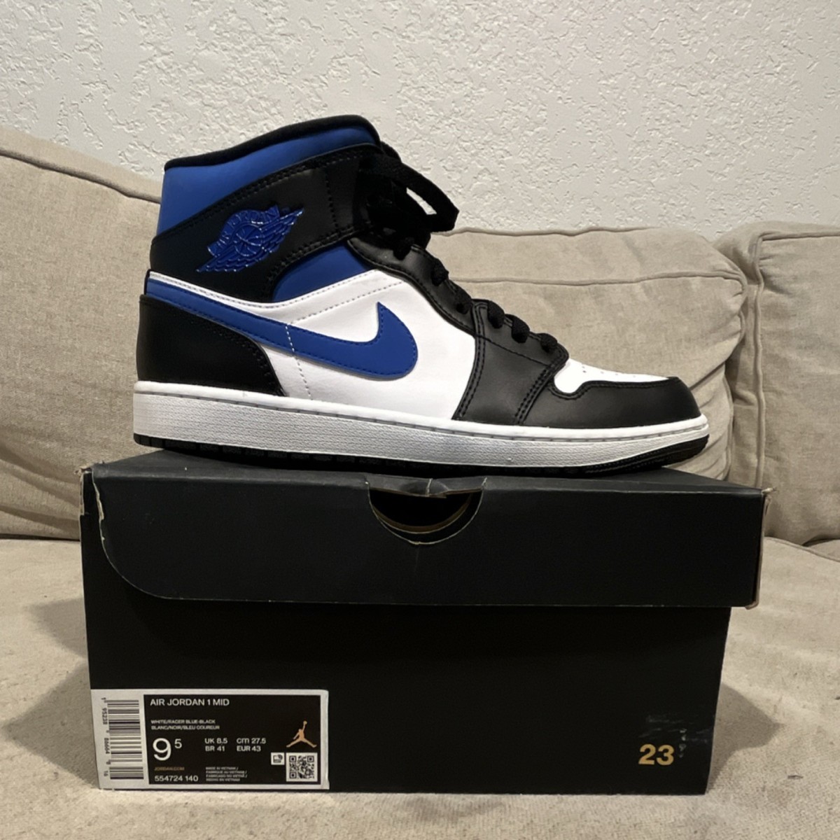 SIZE 9.5 Jordan Air Jordan 1 Mid White/Racer Blue/Black