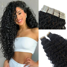 Smavida Water Wave Tape In Hair Extensions Real Human Hair 20 Inch 1B Nature