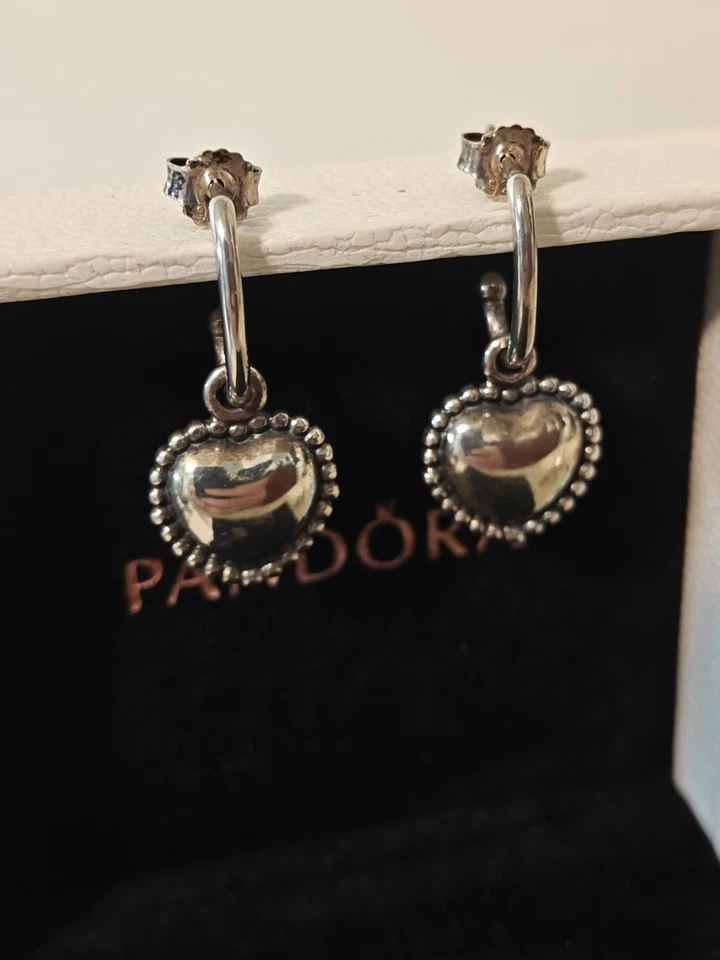 Auténticos Pendientes Corazón Colgantes Pandora Mi Amor Ónix Negro Dos Caras Raros Foto 2 de 4
