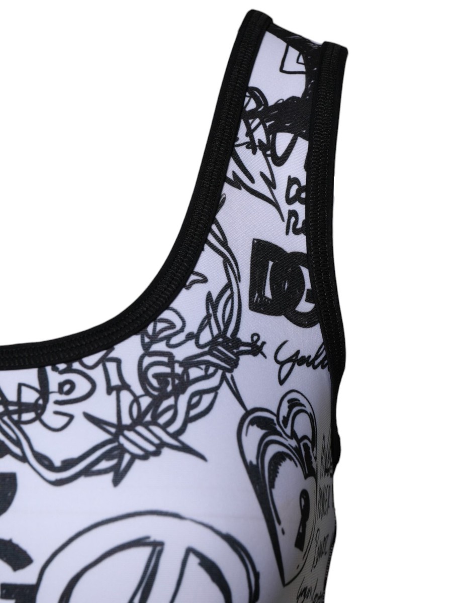 Dolce & Gabbana White Graffiti Print Logo Band Sports Bra