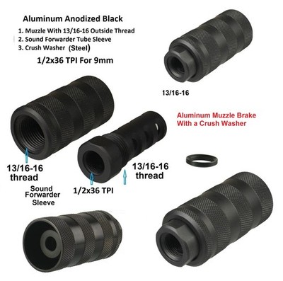 Aluminum 1/2x36 TPI Muzzle Brake With 13/16-16 TPI Sleeve Sound Forwarder F 9 mm