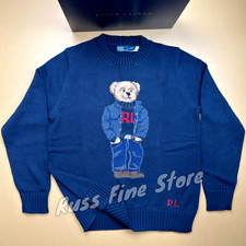 POLO RALPH LAUREN Navy Bear Cotton Linen Sweater Trendy Fancy Men Size - L