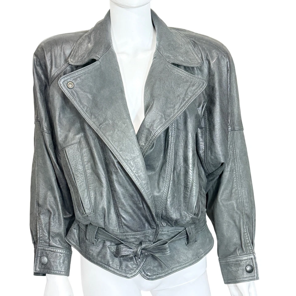 Winlit Jacket Womens M Black Leather Belted Shoulder Pads 80s/90s Vintage Style - Image 2 of 4