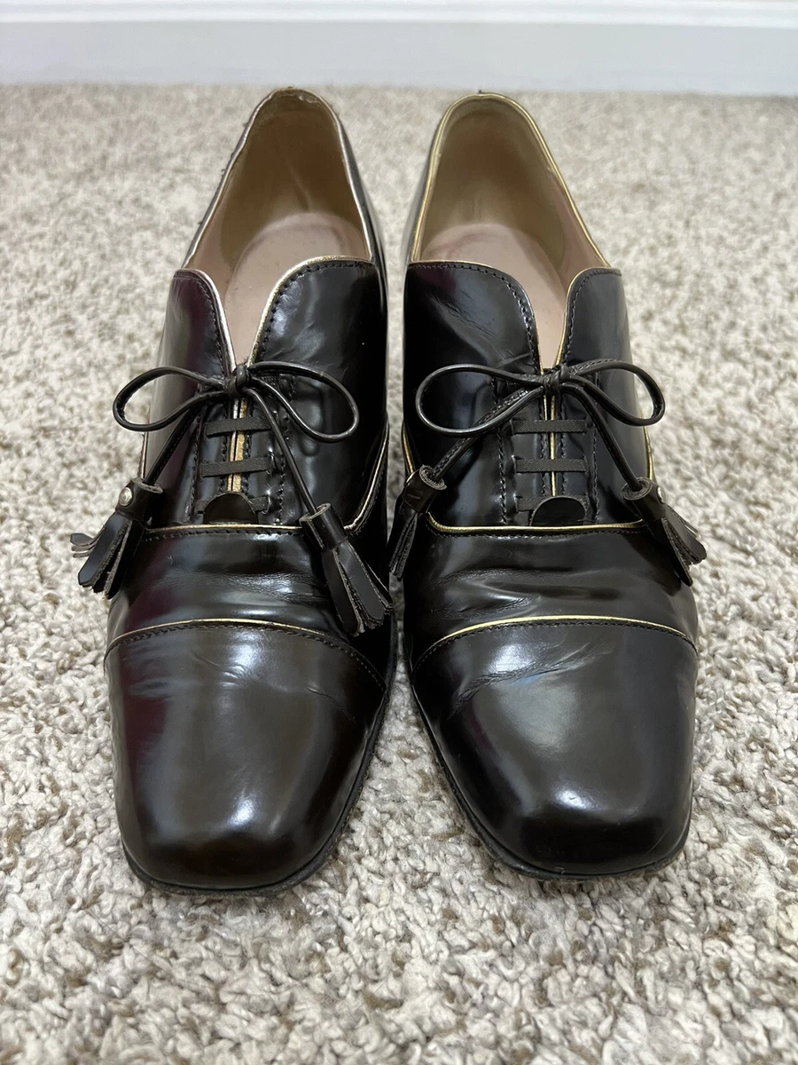 Anyi Lu Shoe Dark Brown Leather Kitten Heel Bow Detail Y2K Retro Vibe Size 37.5