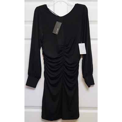 19 Cooper Women Small Shirred Bodycon Dress Black Tie back Long Sleeve Cocktail