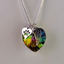 Pet Loss Memorial Rainbow Heart Necklace Dog Cat Memory Paw in Heart Angel Wings