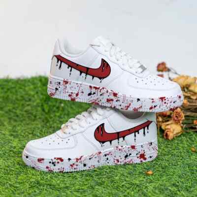 Air Force 1 Custom White Shoes Red Swoosh Black Drip Splatter Urban Art Design