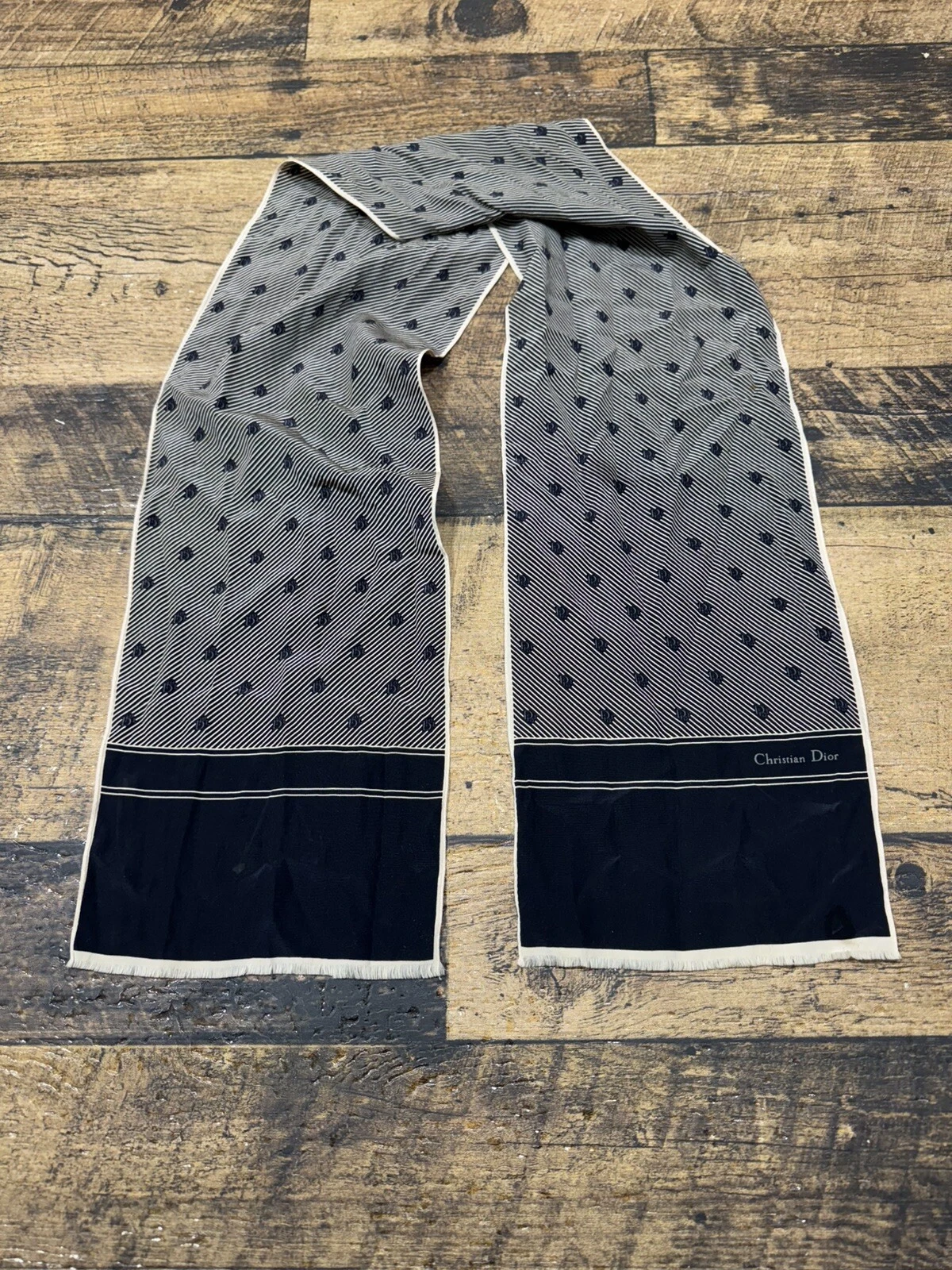 Foulard vintage Christian Dior soie laine rectangle marine DIOR AOP 51x8 noir blanc