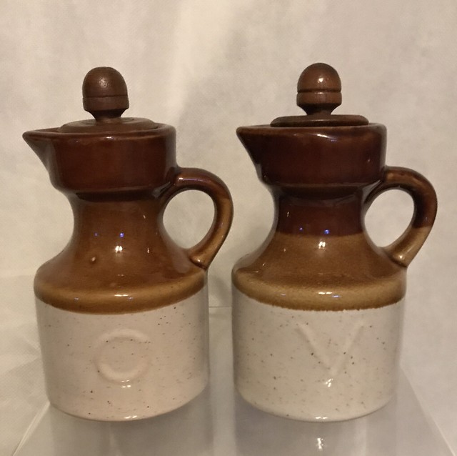 Vintage Stoneware Oil & Vintage Dispensers Cruet Set Brown & White Wood