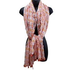 Women's Scarf Orange White Geometric Pom Pom Oversized Wrap 27"x70" Cotton India