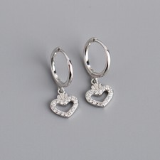 925 Sterling Silver CZ Love Heart Dangle Drop Huggie Hoop Earrings A4274