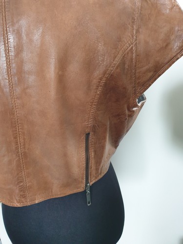 Vintage Genuine Leather Tan Women's Crop Vest Zip Front Cap Sleeve EUC Auluna 42 - Picture 9 of 22