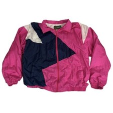 Vintage 90s Women's XL Pink Navy Blue White Track Jacket Lined Pockets Mom