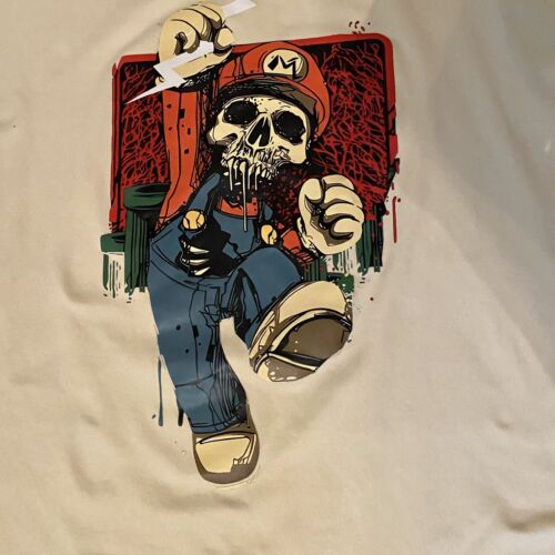 Mario Bros Skull Clown Graphic T-Shirt Unisex Sz L White Cream Color Shirt K