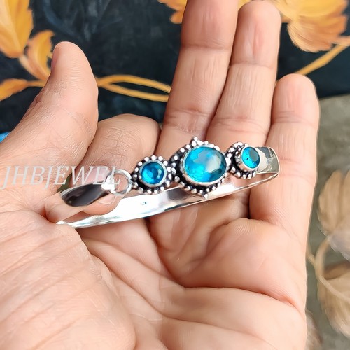 Swiss Blue Topaz Multi Gemstone 925 Sterling Silver Cuff Bangle Gift For Anyone - Picture 5 of 5