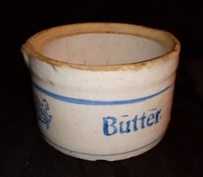 Vintage Stoneware Small Butter Crock Salt Glaze Cobalt Blue Decorated Antique