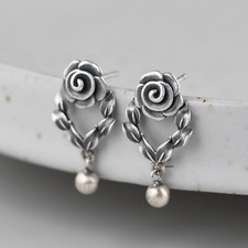 Solid 925 Sterling Silver Stud Women Gift Lucky Rose Flower Leaf Dangle Earrings
