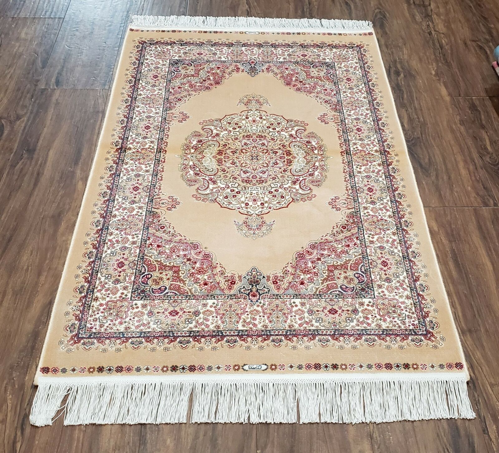 Small Beige Silk Rug Oriental Carpet Turkish Bamboo Silk Tan New 2' 8" x 4' 1"