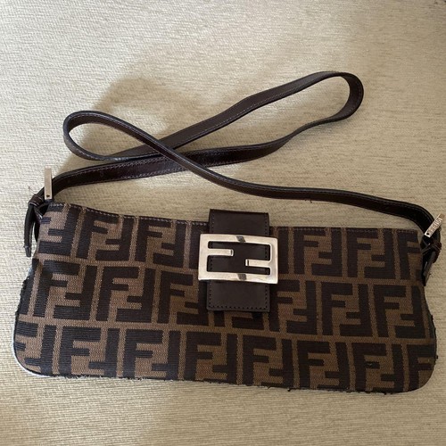 FENDI Shoulder Bag Crossbody FF Baguette Leather Canvas Brown Authentic