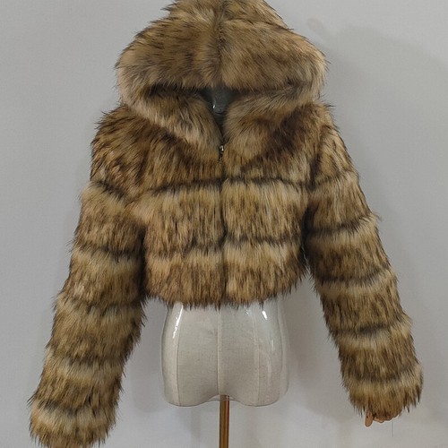Lady Furry Cropped Faux Fur Coats Fluffy Top Coat W/Hooded Winter Warm Jacket - Picture 32 of 39