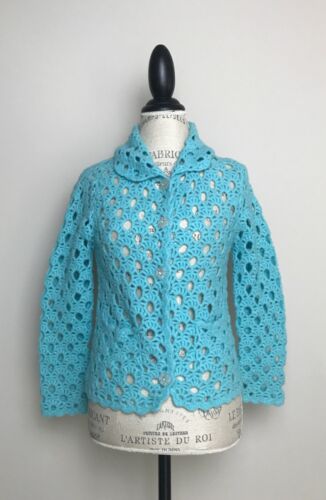 Anthropologie Laurie B Turquoise Wool Crochet Sweater S - Picture 1 of 4