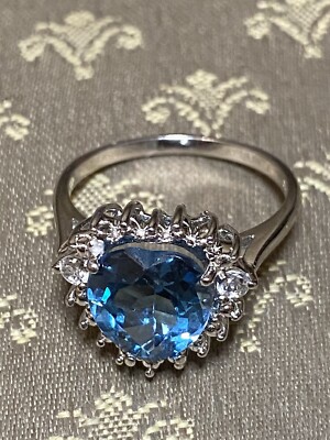 Clyde Duneier 14k White Gold Heart Shaped Blue Topaz Ring Size 9 Signed CID