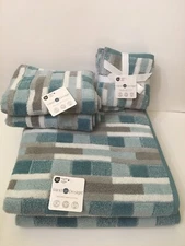Mind on Design 2 Bath 2 Hand 4 Washcloth Towels Teal Gray Tiles 100% Cotton NWT