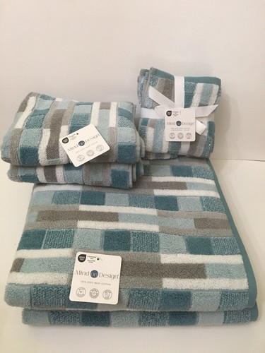 Mind on Design 2 Bath 2 Hand 4 Washcloth Towels Teal Gray Tiles 100% Cotton NWT - 第 1/11 張圖片
