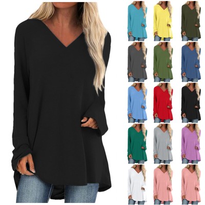Damen Herbst T-Shirts Langarm Basic bequem Blumen Print V-Ausschnitt Pullover
