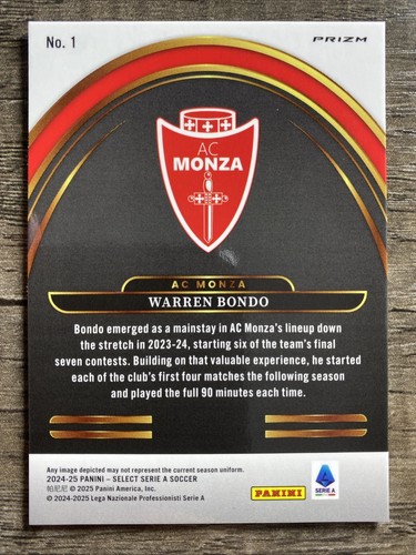 2024-25 Panini Select Serie A - Select Future Silver Prizm #1 Warren Bondo (RC) - Picture 2 of 2